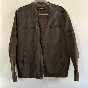 Mens Brown and Black Faux Leather Distressed Bomber Jacket